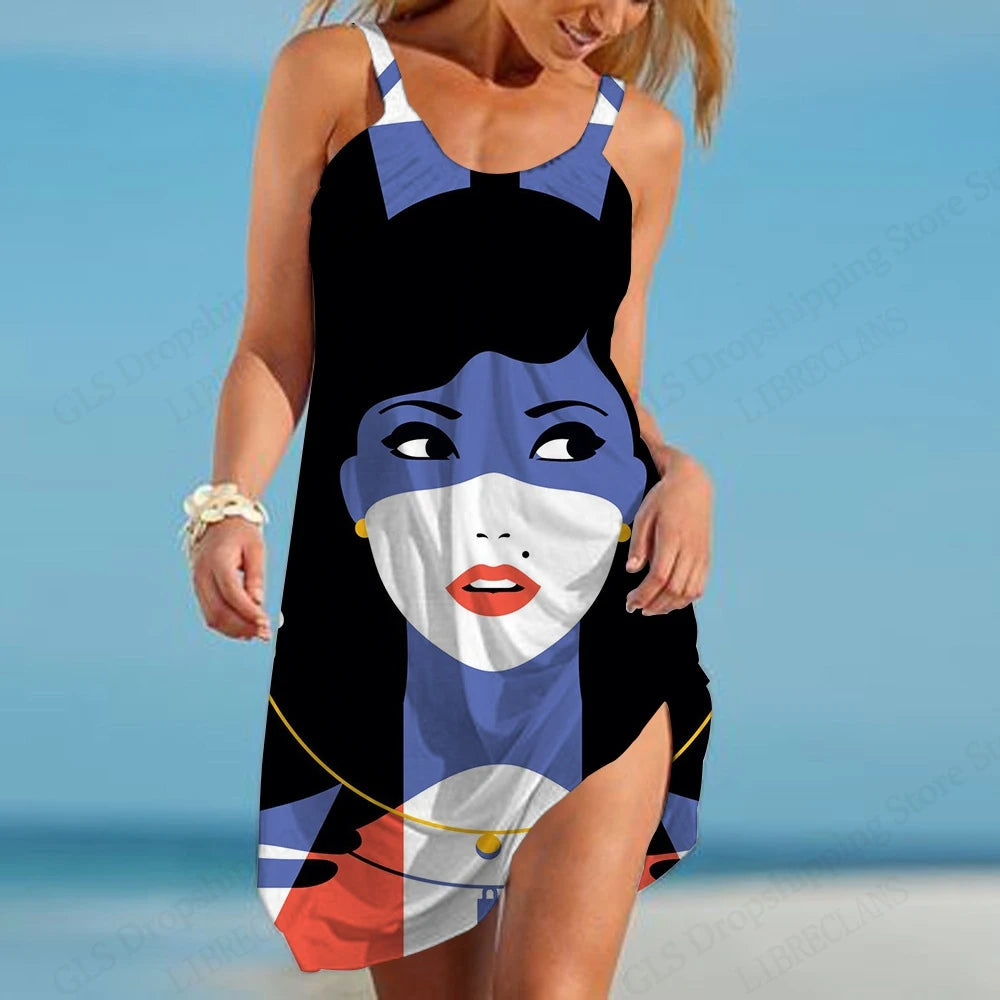 Women’s African Face Print Mini Sundress – Sleeveless Bohemian Beach Dress