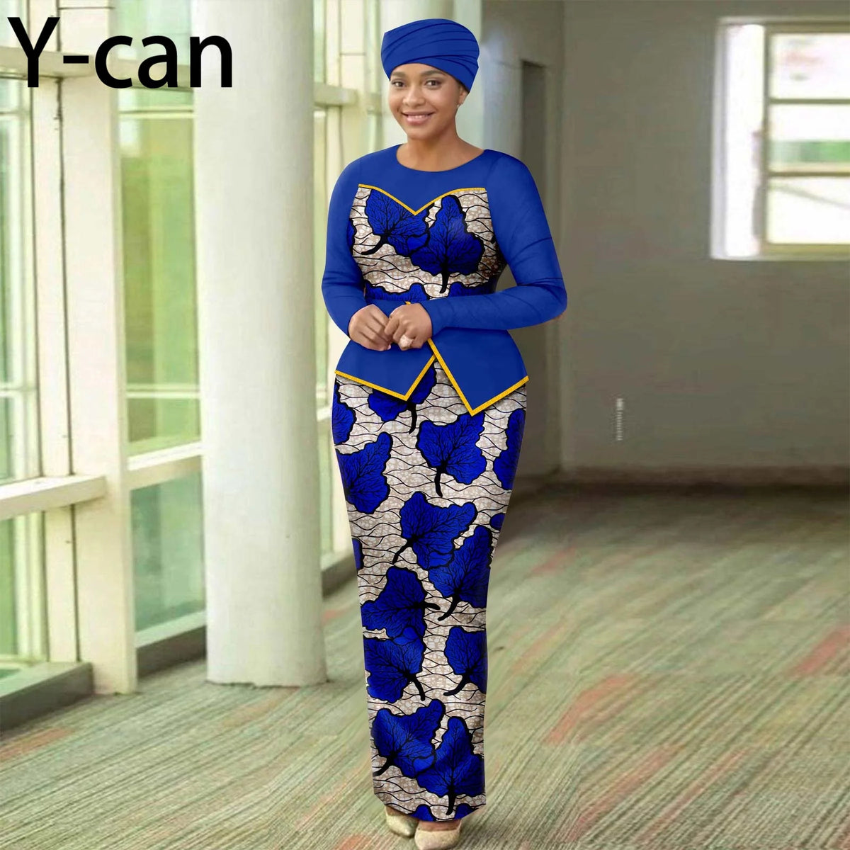 Women’s African Print Patchwork Gown with Headscarf – Elegant Wedding & Party Dress