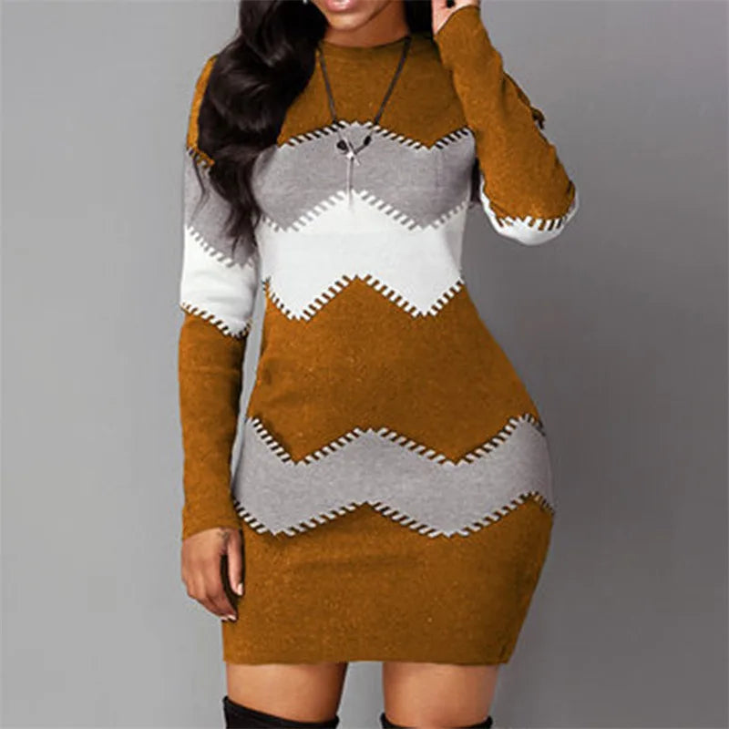 AMEHE Women's Rib Knit Patchwork Turtleneck Mini Sweater Dress