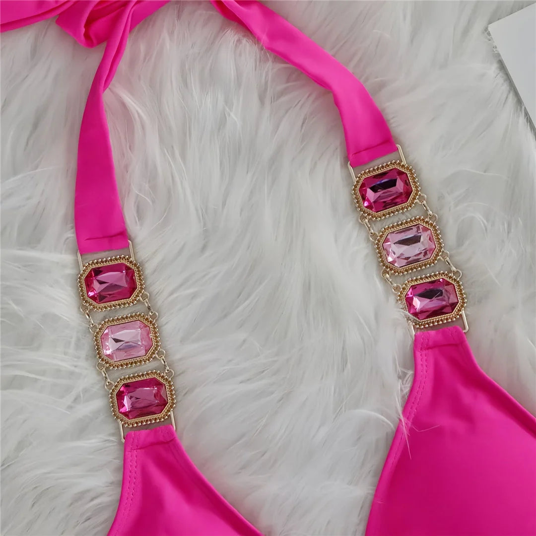 AMEHE Rhinestone Halter Two-Piece Bikini Swimsuit