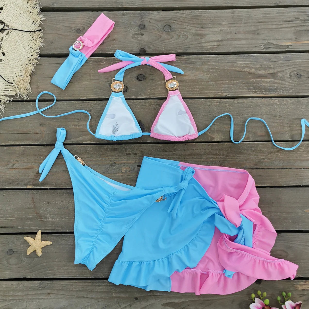 AMEHE Rhinestone Halter Bikini with Beach Skirt – 3-Piece Swimwear Set