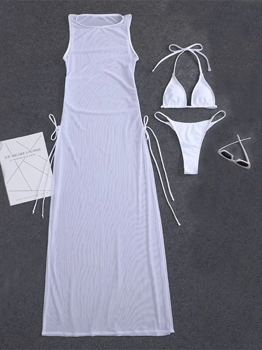 AMEHE Solid Color 3-Piece Bikini Set with Beach Cover-Up Dress