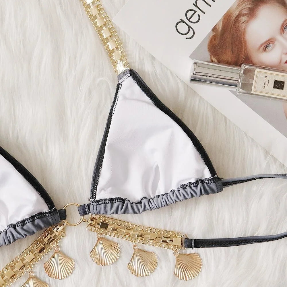 AMEHE Luxury Rhinestone Crystal Two-Piece Thong Bikini Swimsuit