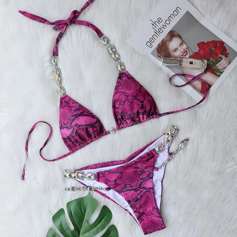 AMEHE Luxury Rhinestone Crystal Two-Piece Thong Bikini Swimsuit