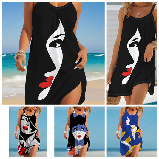 Women’s African Face Print Mini Sundress – Sleeveless Bohemian Beach Dress