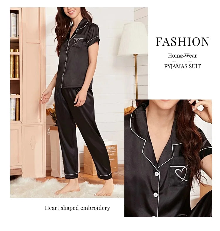AMEHE Women's Satin Heart Embroidered Button-Up Pajama Lounge Set