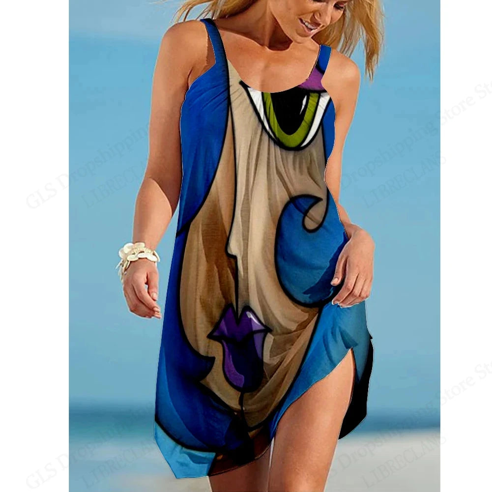 Women’s African Face Print Mini Sundress – Sleeveless Bohemian Beach Dress