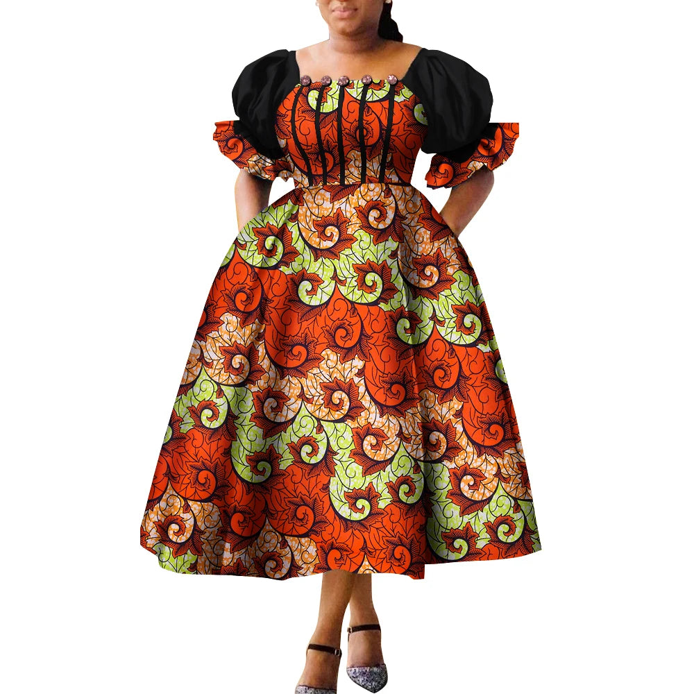 Women’s African Print Puff Sleeve Maxi Dress – High Waist Princess Gown