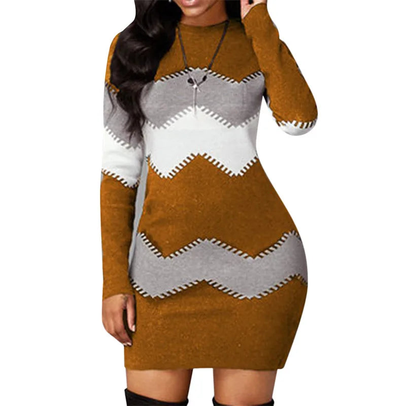 AMEHE Women's Rib Knit Patchwork Turtleneck Mini Sweater Dress