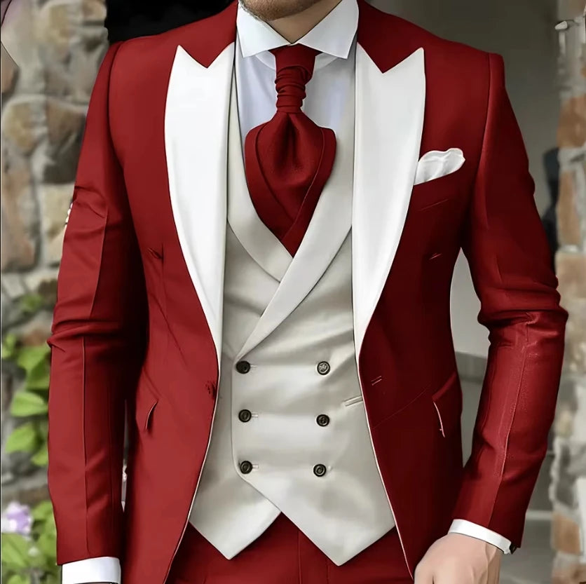 AMEHE Men’s White 3-Piece Tuxedo Suit – Blazer, Vest & Pants