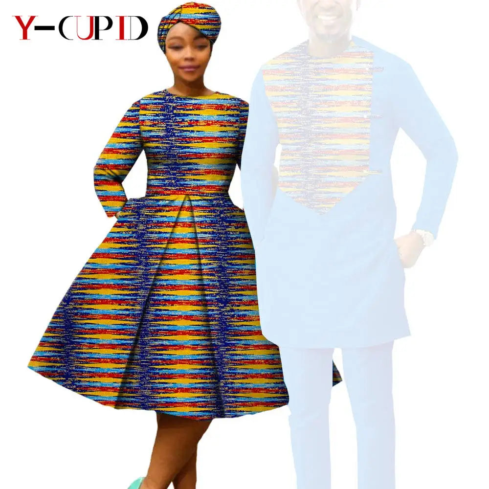 African Matching Couple Outfits | Dress, Headwrap & Men’s Dashiki Set