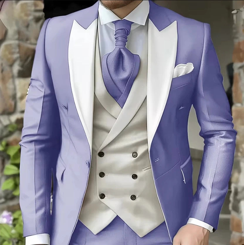 AMEHE Men’s White 3-Piece Tuxedo Suit – Blazer, Vest & Pants