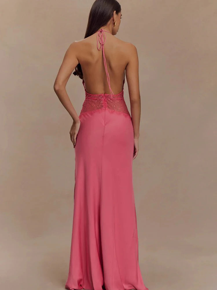 AMEHE Women's Lace Halter Deep V-Neck Backless Maxi Evening Dress