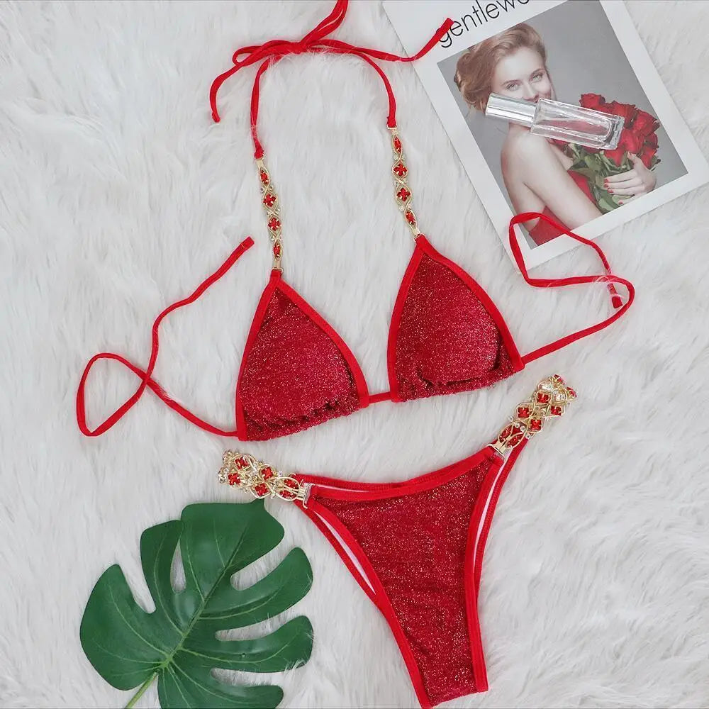 AMEHE Luxury Rhinestone Crystal Two-Piece Thong Bikini Swimsuit