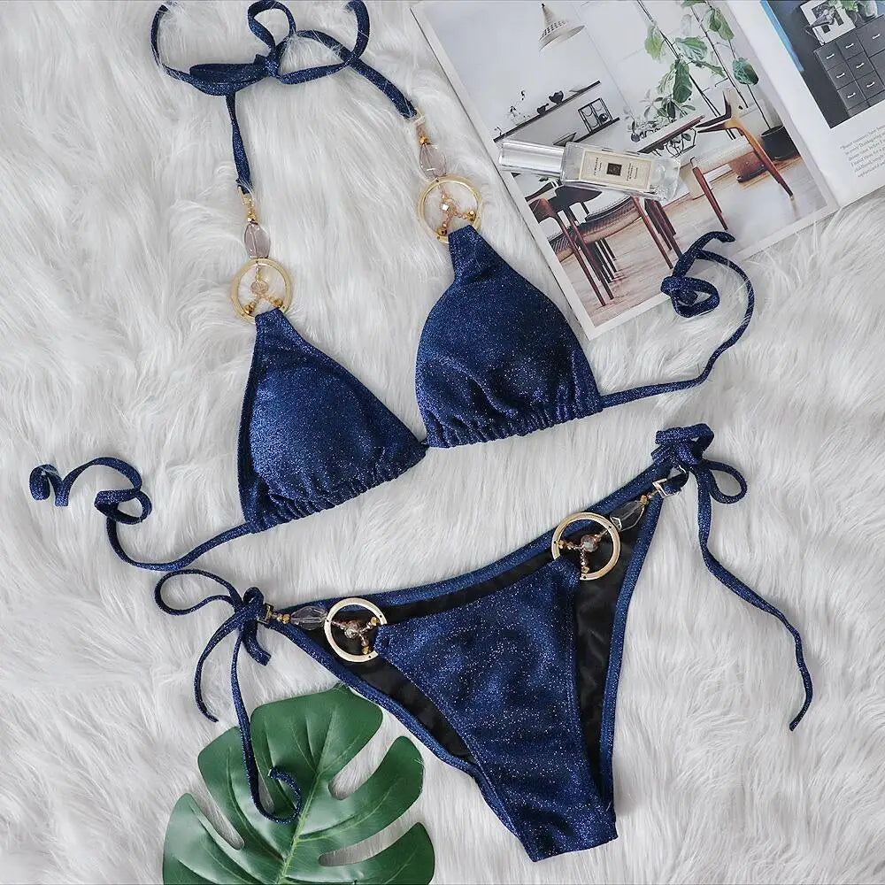 AMEHE Luxury Rhinestone Crystal Two-Piece Thong Bikini Swimsuit
