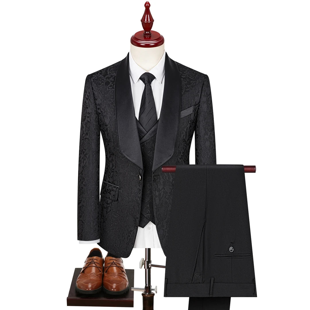 AMEHE Men’s Green Striped 3-Piece Tuxedo – Blazer, Vest & Pants