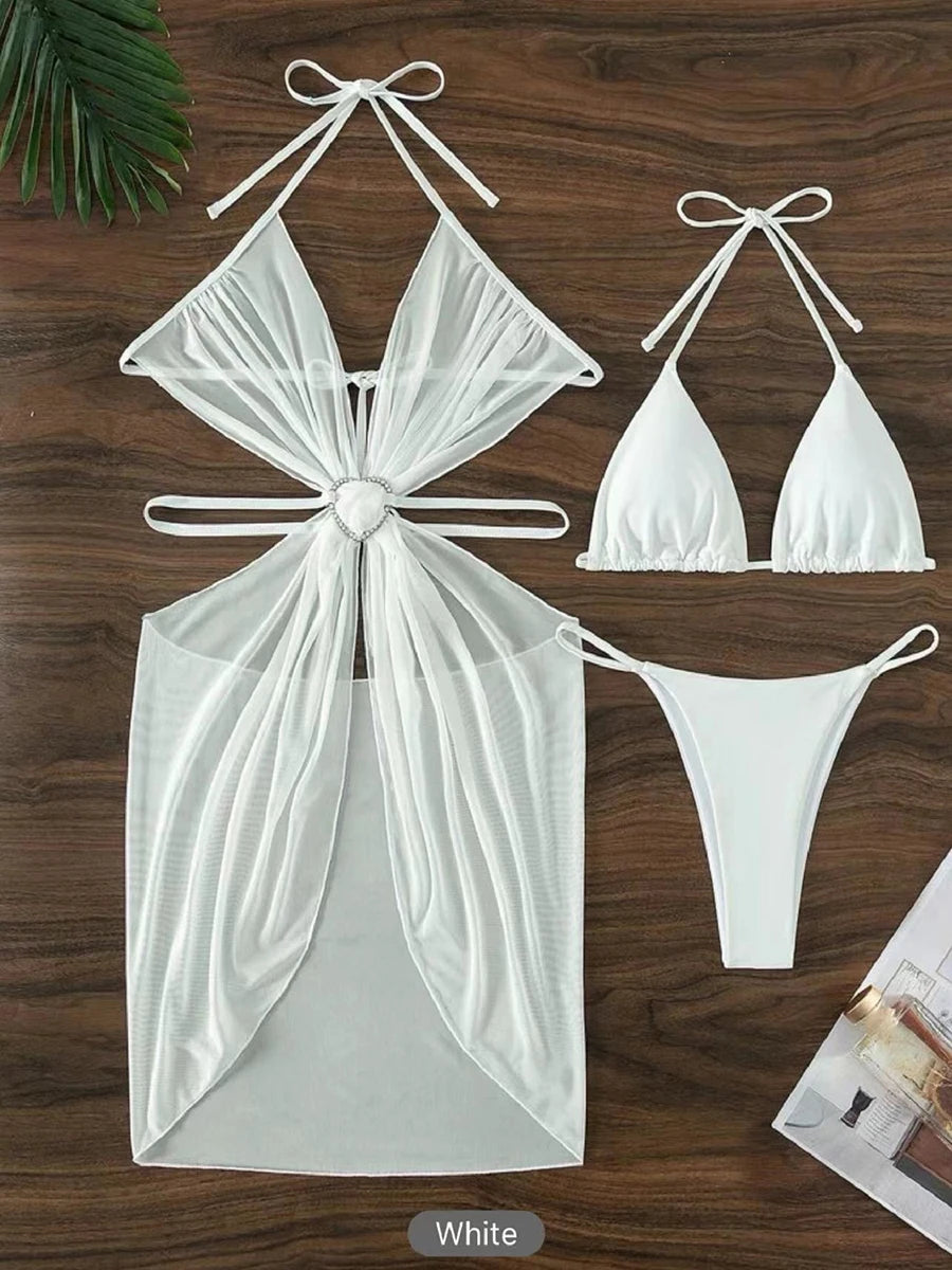 AMEHE 3-Piece Halter String Bikini Set with Cover-Up