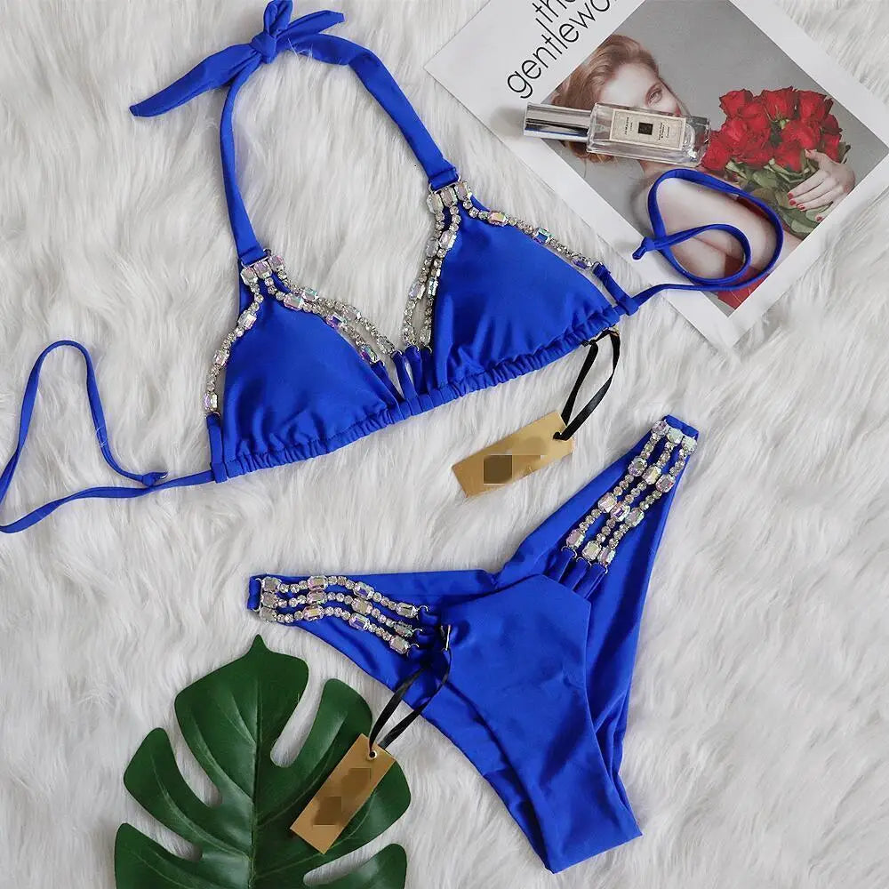 AMEHE Luxury Rhinestone Crystal Two-Piece Thong Bikini Swimsuit
