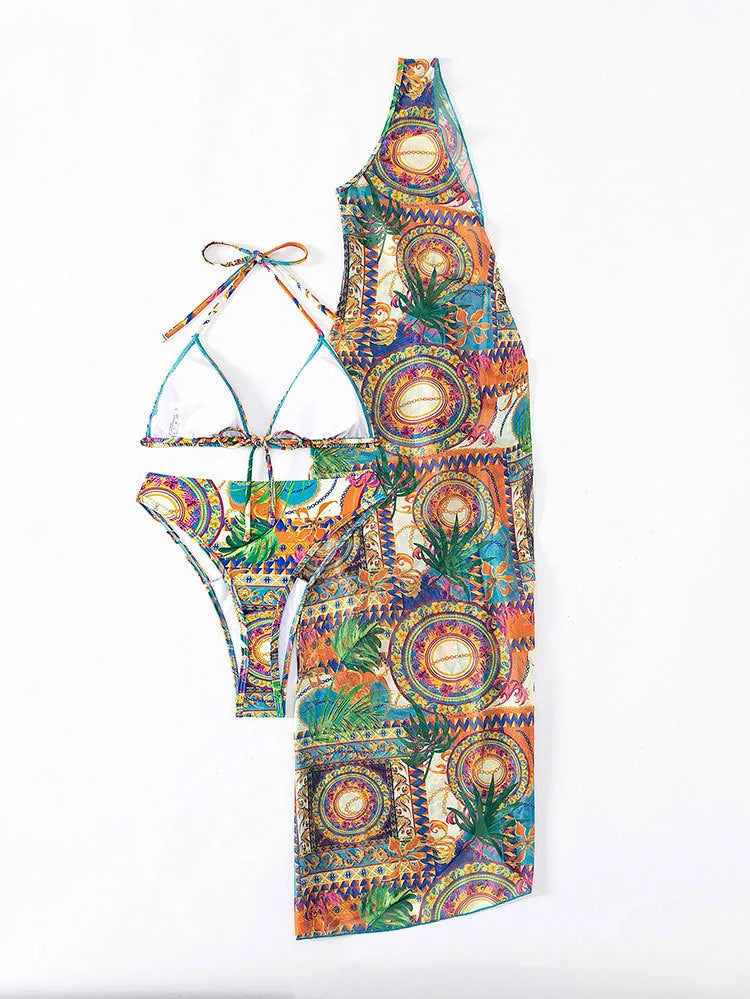 AMEHE 3-Piece Leopard Print Bikini with Mesh Beach Skirt