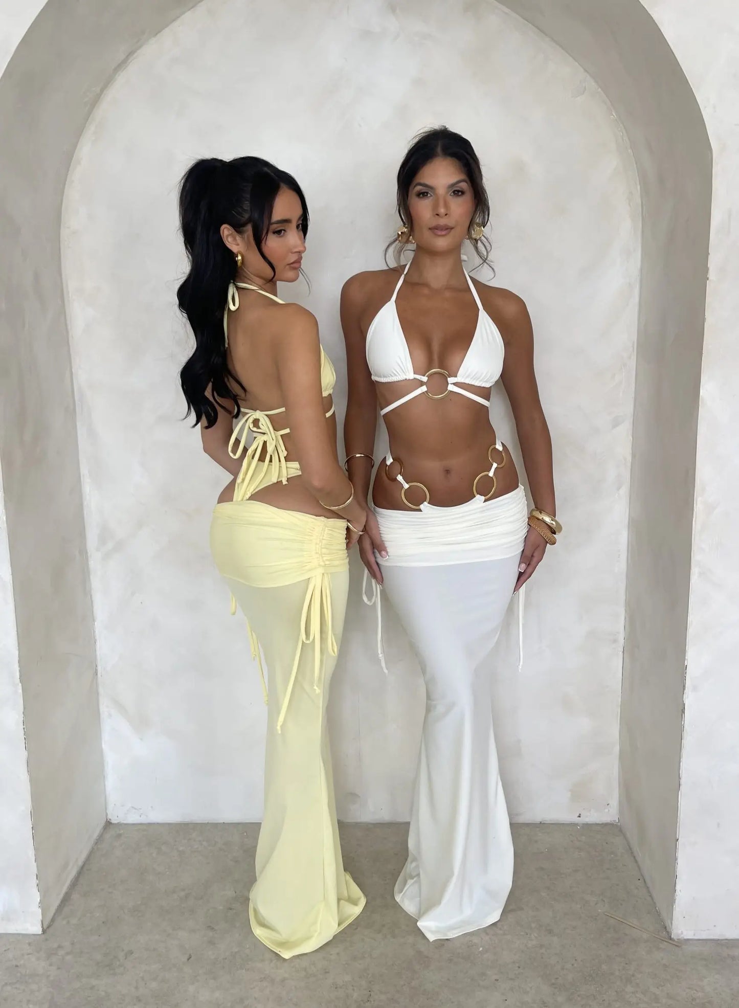 AMEHE Solid Color 3-Piece Bikini Set with Long Beach Skirt