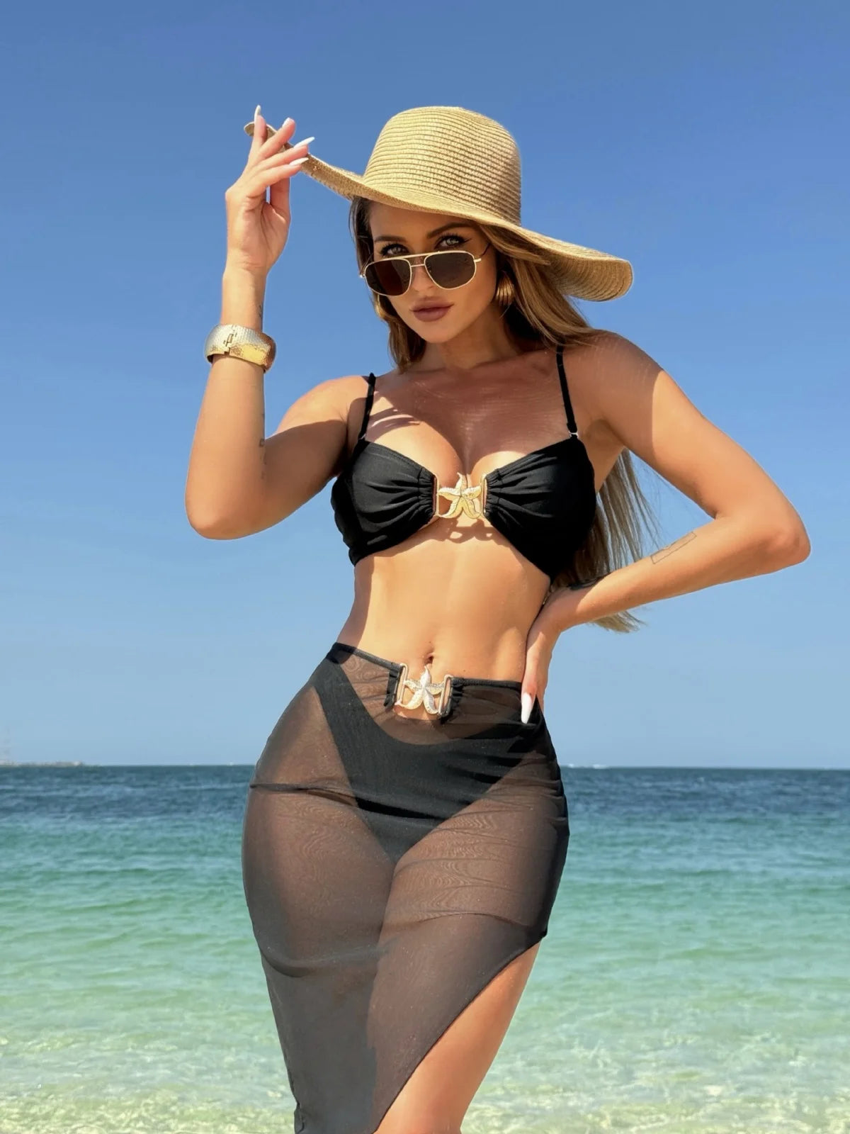 AMEHE 3-Piece High-Waist Push-Up Bikini Set with Starfish Detail