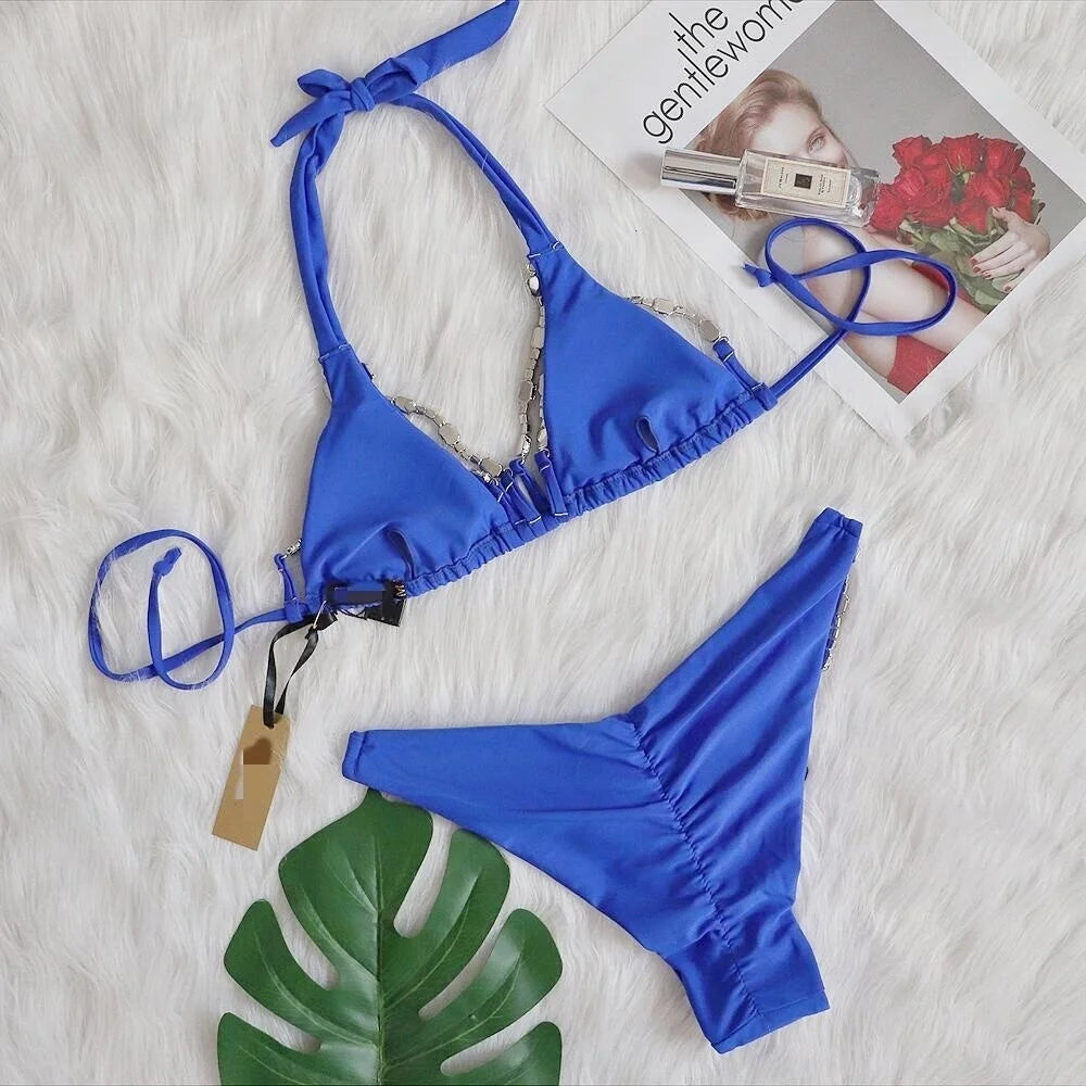 AMEHE Luxury Rhinestone Crystal Two-Piece Thong Bikini Swimsuit