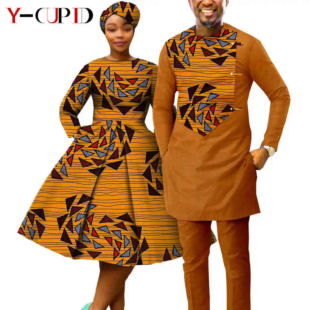 African Matching Couple Outfits | Dress, Headwrap & Men’s Dashiki Set