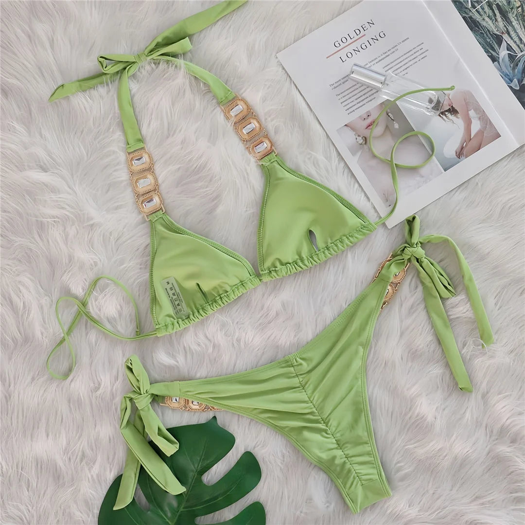 AMEHE Rhinestone Halter Two-Piece Bikini Swimsuit