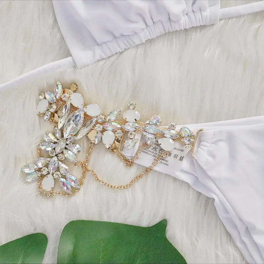 AMEHE Luxury Rhinestone Crystal Two-Piece Thong Bikini Swimsuit