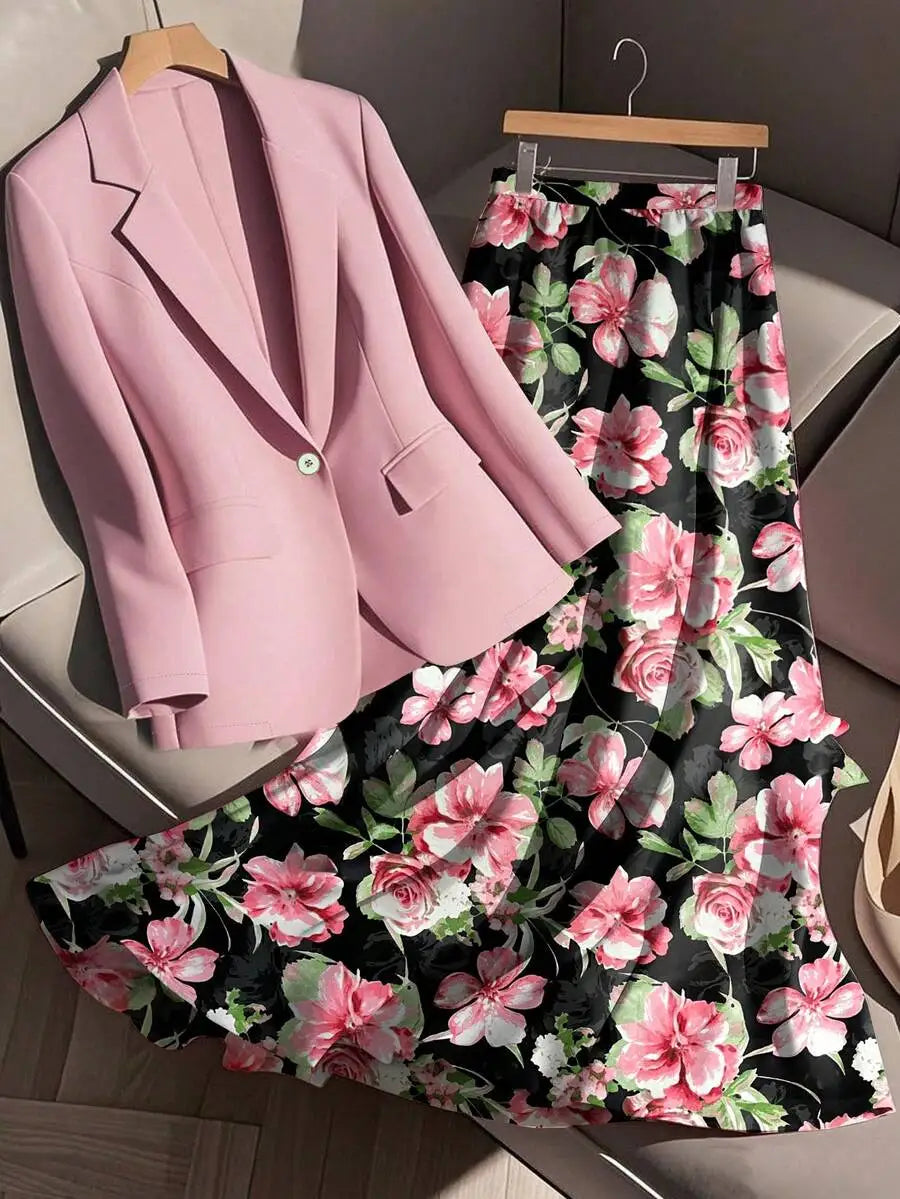 AMEHE Women’s Floral Blazer & A-Line Skirt – 2-Piece Outfit