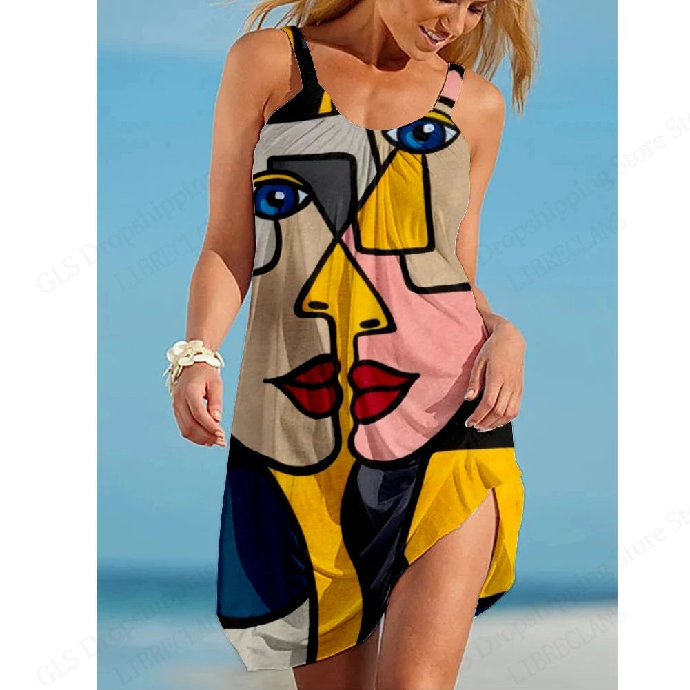 Women’s African Face Print Mini Sundress – Sleeveless Bohemian Beach Dress