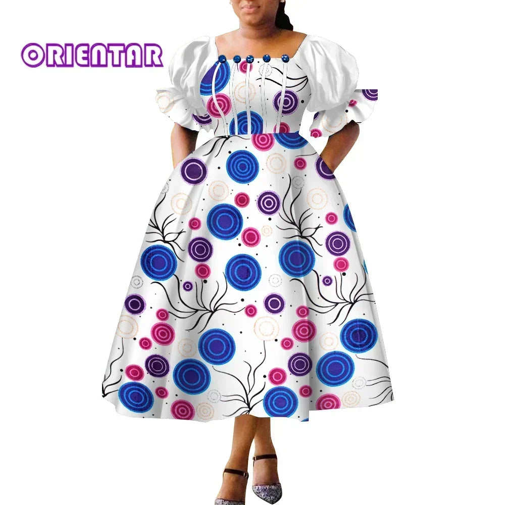 Women’s African Print Puff Sleeve Maxi Dress – High Waist Princess Gown