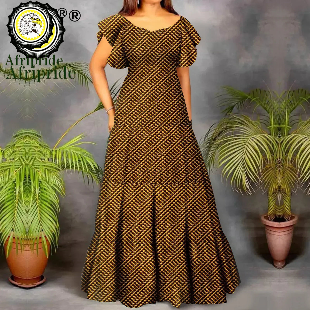 Women’s African Print Maxi Dress – Short Sleeve High Waist Elegant Party & Wedding Attire