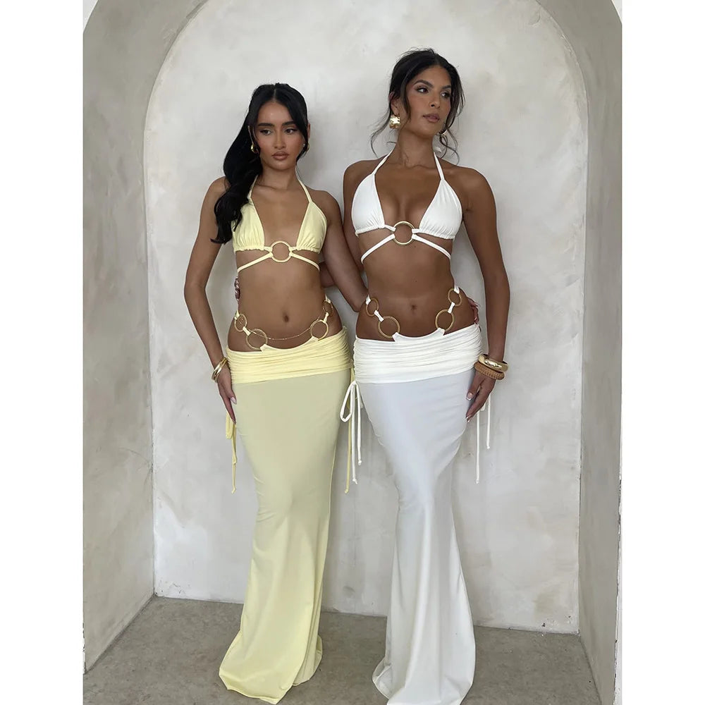 AMEHE Solid Color 3-Piece Bikini Set with Long Beach Skirt