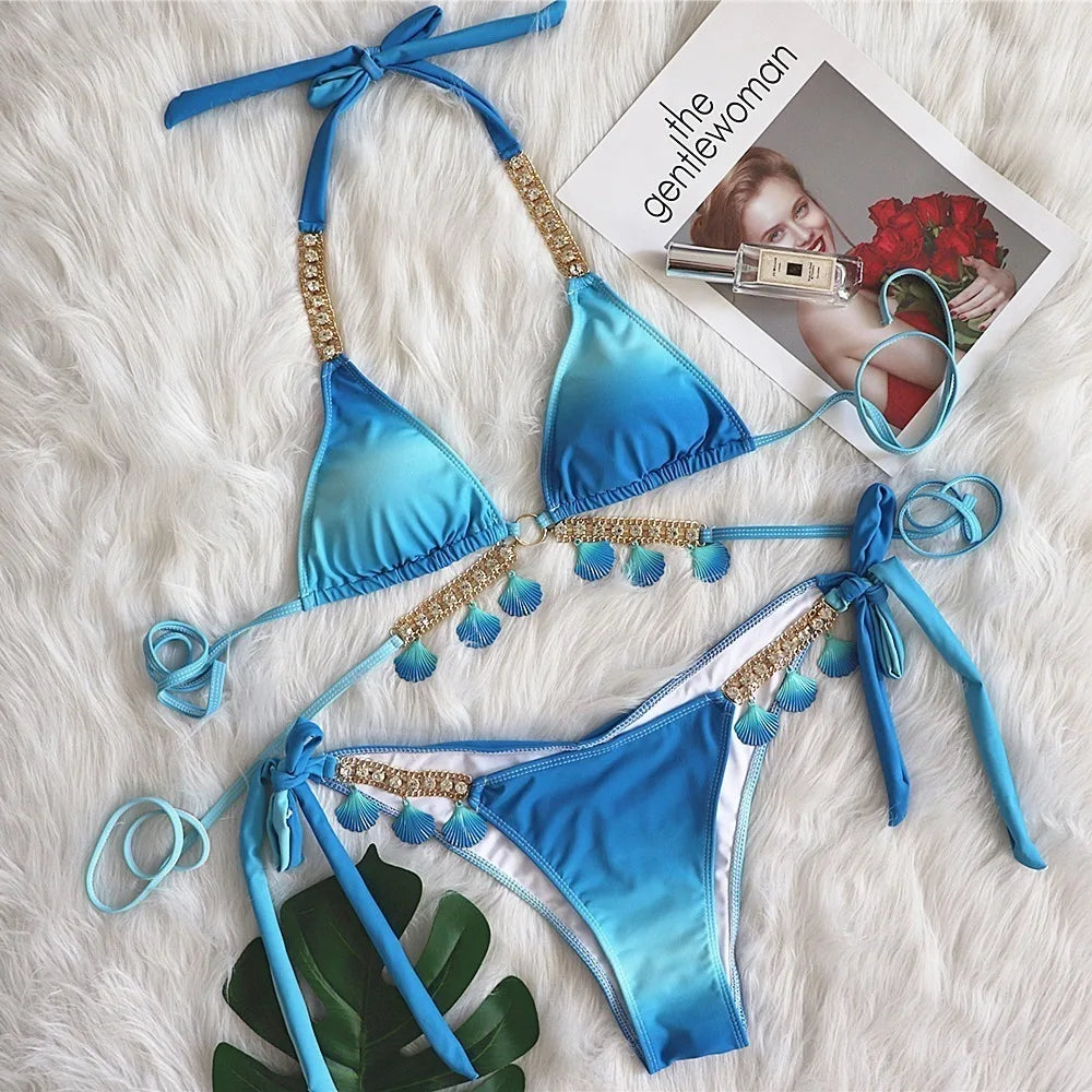 AMEHE Luxury Rhinestone Crystal Two-Piece Thong Bikini Swimsuit