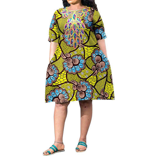 Women’s Plus Size African Print Knee-Length Dress – Colorful Short Sleeve Casual Style