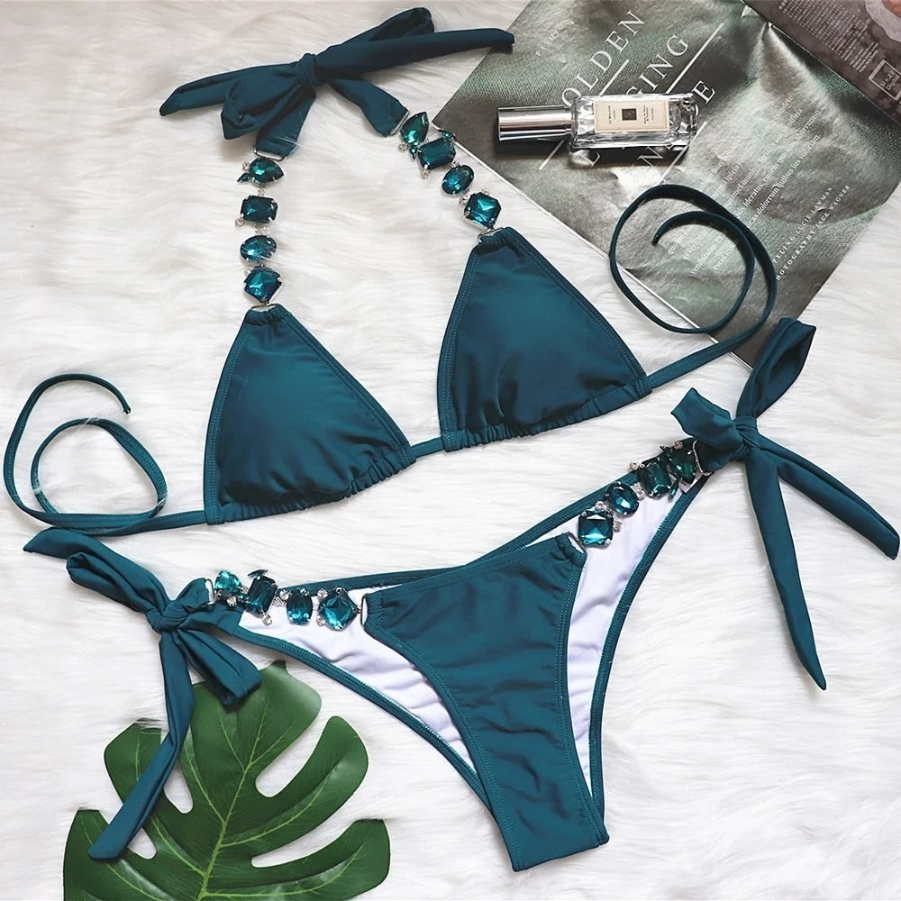 AMEHE Luxury Rhinestone Crystal Two-Piece Thong Bikini Swimsuit
