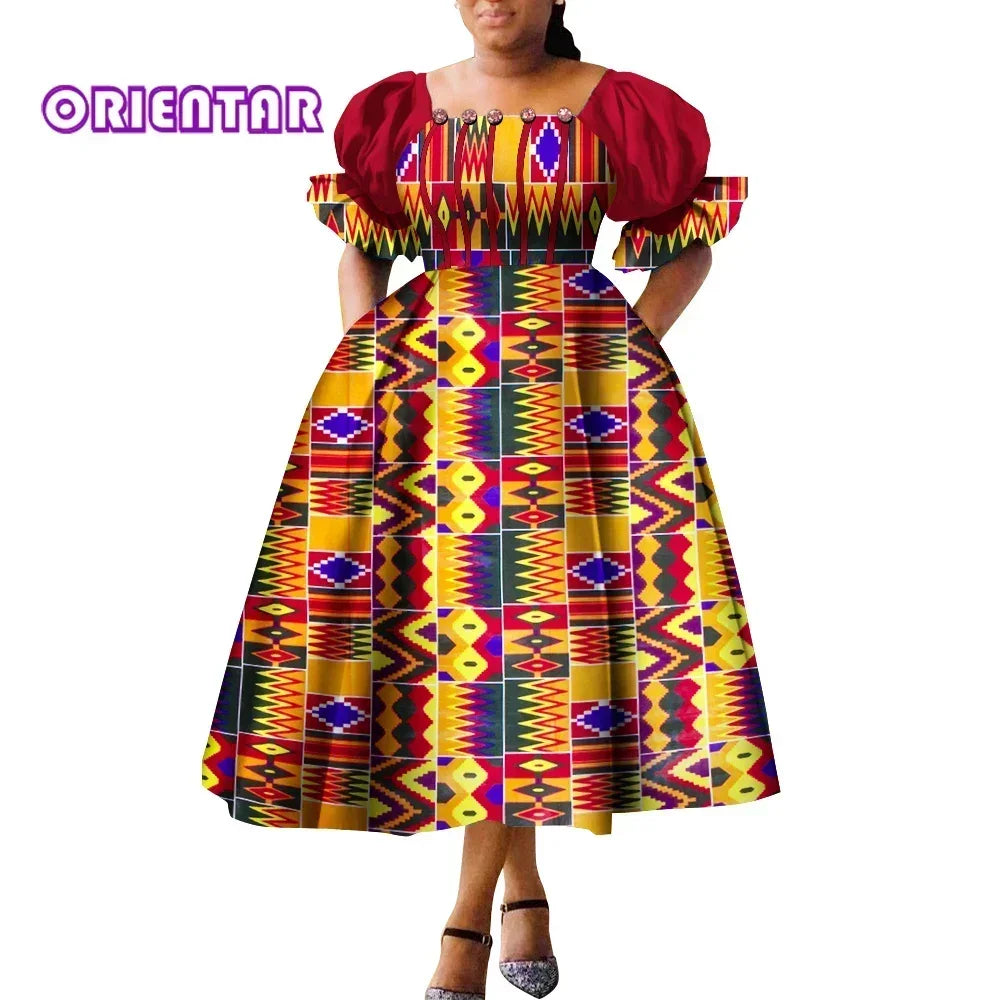 Women’s African Print Puff Sleeve Maxi Dress – High Waist Princess Gown