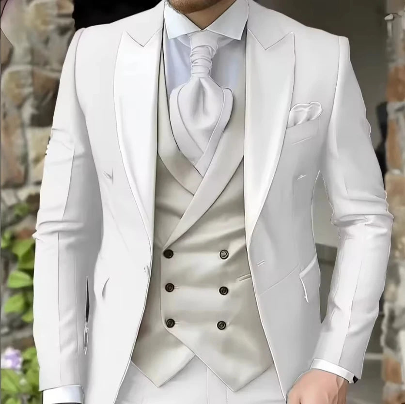AMEHE Men’s White 3-Piece Tuxedo Suit – Blazer, Vest & Pants