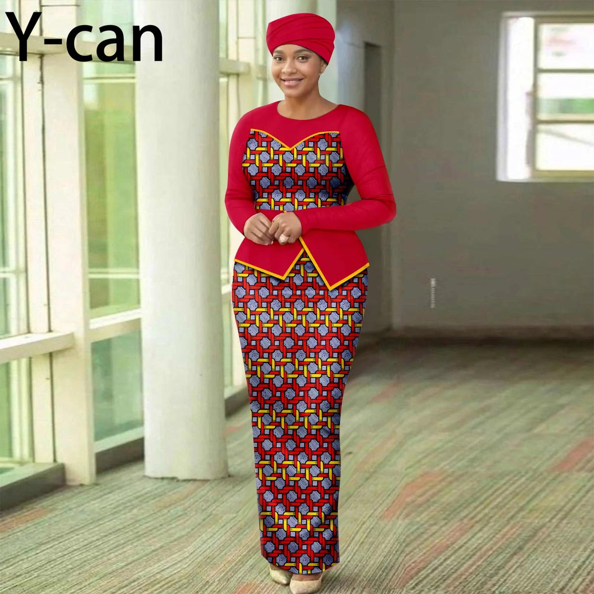 Women’s African Print Patchwork Gown with Headscarf – Elegant Wedding & Party Dress