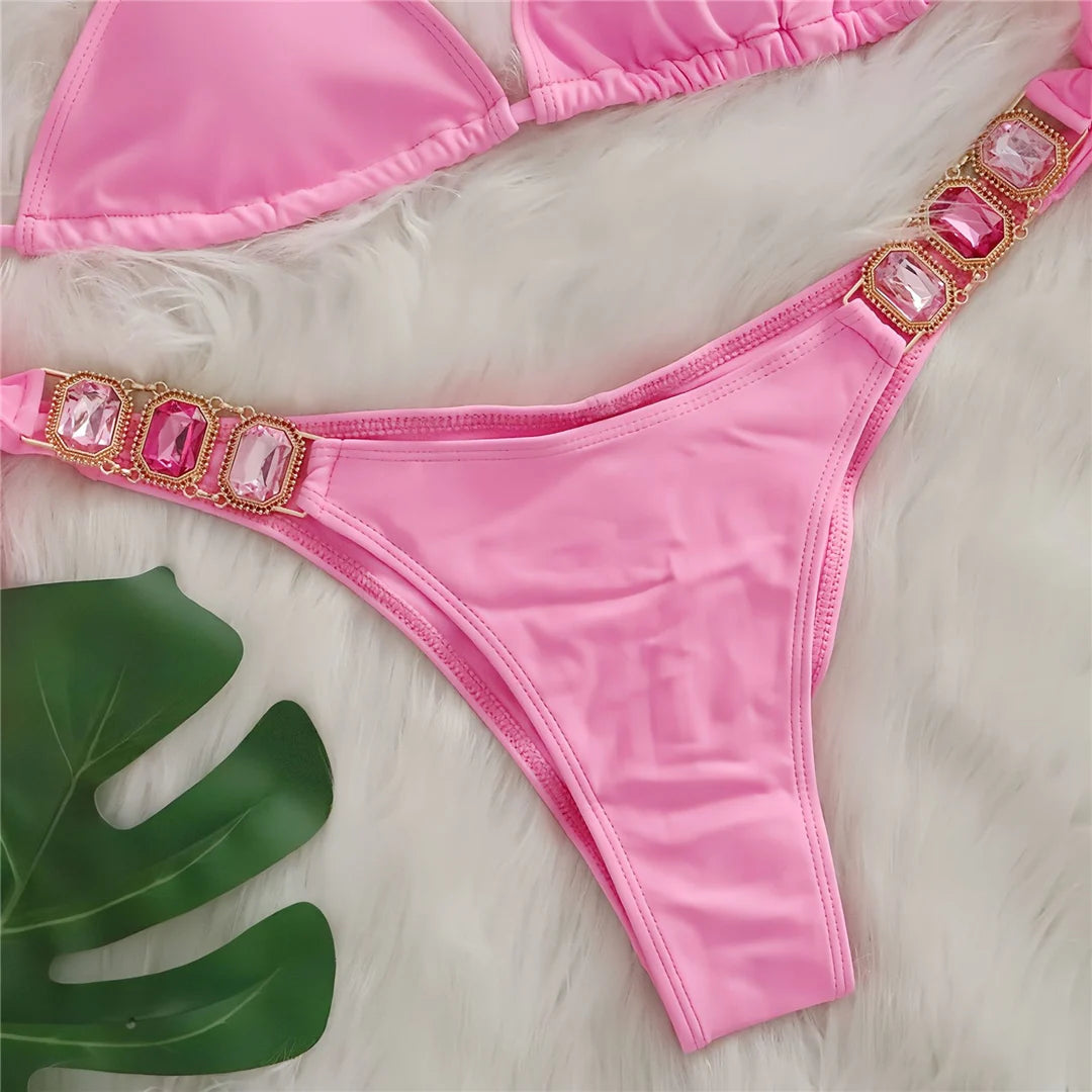AMEHE Rhinestone Halter Two-Piece Bikini Swimsuit