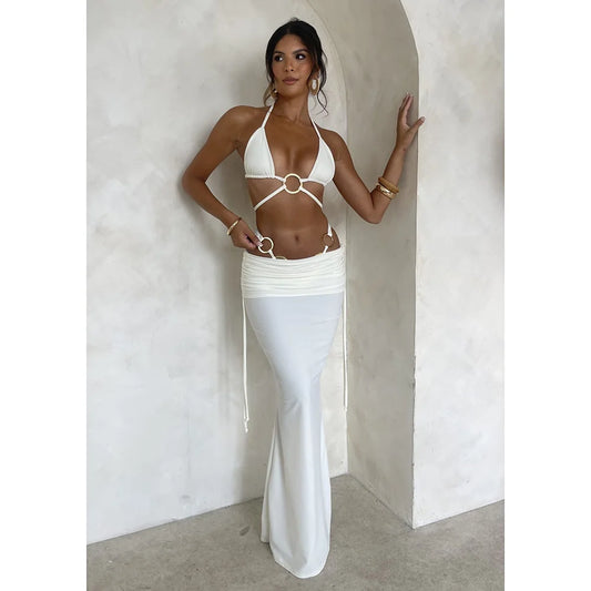 AMEHE Solid Color 3-Piece Bikini Set with Long Beach Skirt