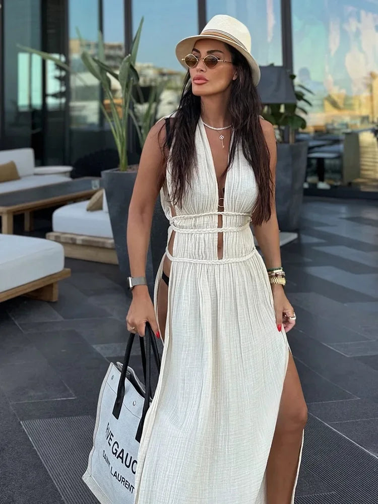 AMEHE Women's V-Neck Beach Maxi Cover-Up Dress with Braided Belt