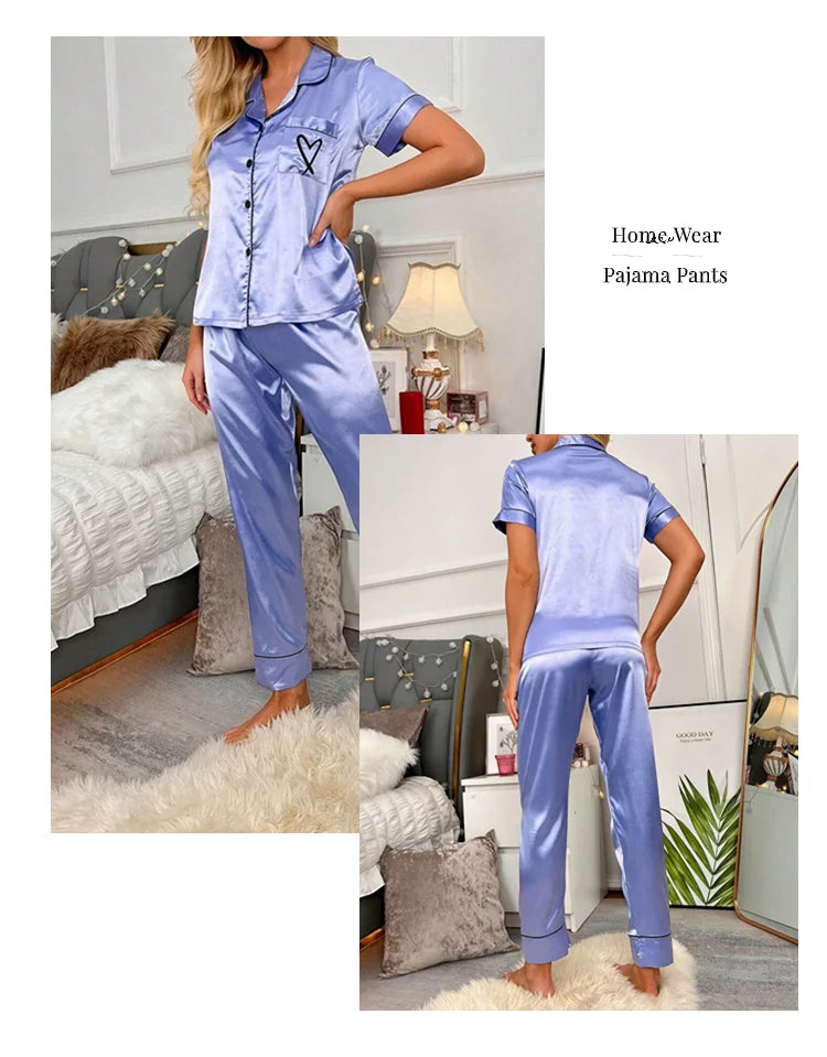AMEHE Women's Satin Heart Embroidered Button-Up Pajama Lounge Set