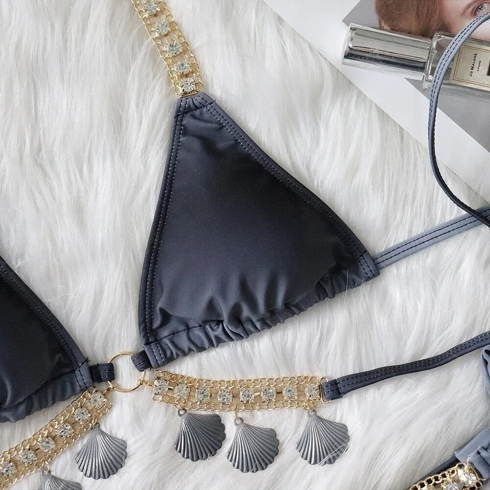 AMEHE Luxury Rhinestone Crystal Two-Piece Thong Bikini Swimsuit