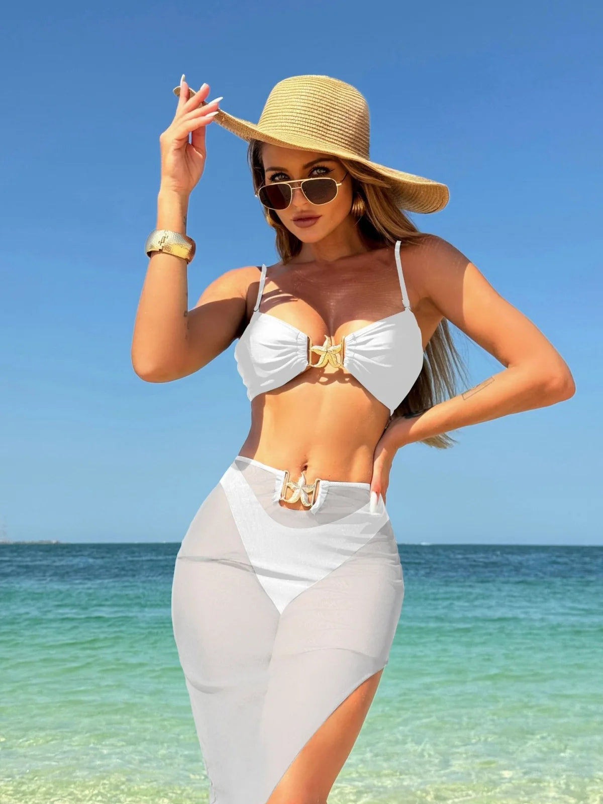 AMEHE 3-Piece High-Waist Push-Up Bikini Set with Starfish Detail