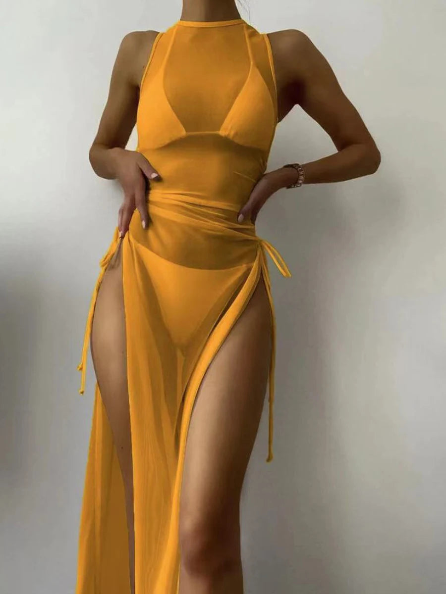 AMEHE Solid Color 3-Piece Bikini Set with Beach Cover-Up Dress