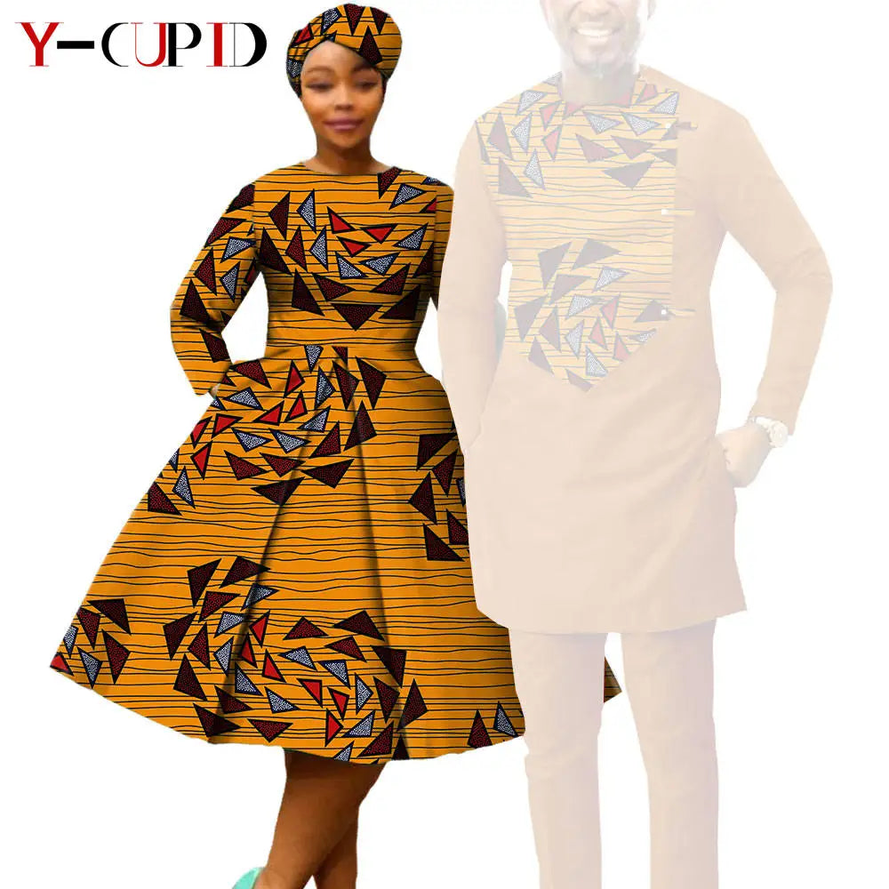 African Matching Couple Outfits | Dress, Headwrap & Men’s Dashiki Set