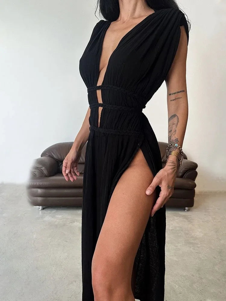 AMEHE Women's V-Neck Beach Maxi Cover-Up Dress with Braided Belt