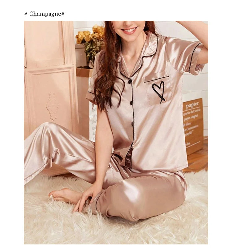 AMEHE Women's Satin Heart Embroidered Button-Up Pajama Lounge Set